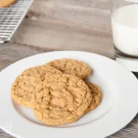Four malted peanut butter oatmeal cookies on a white plate.