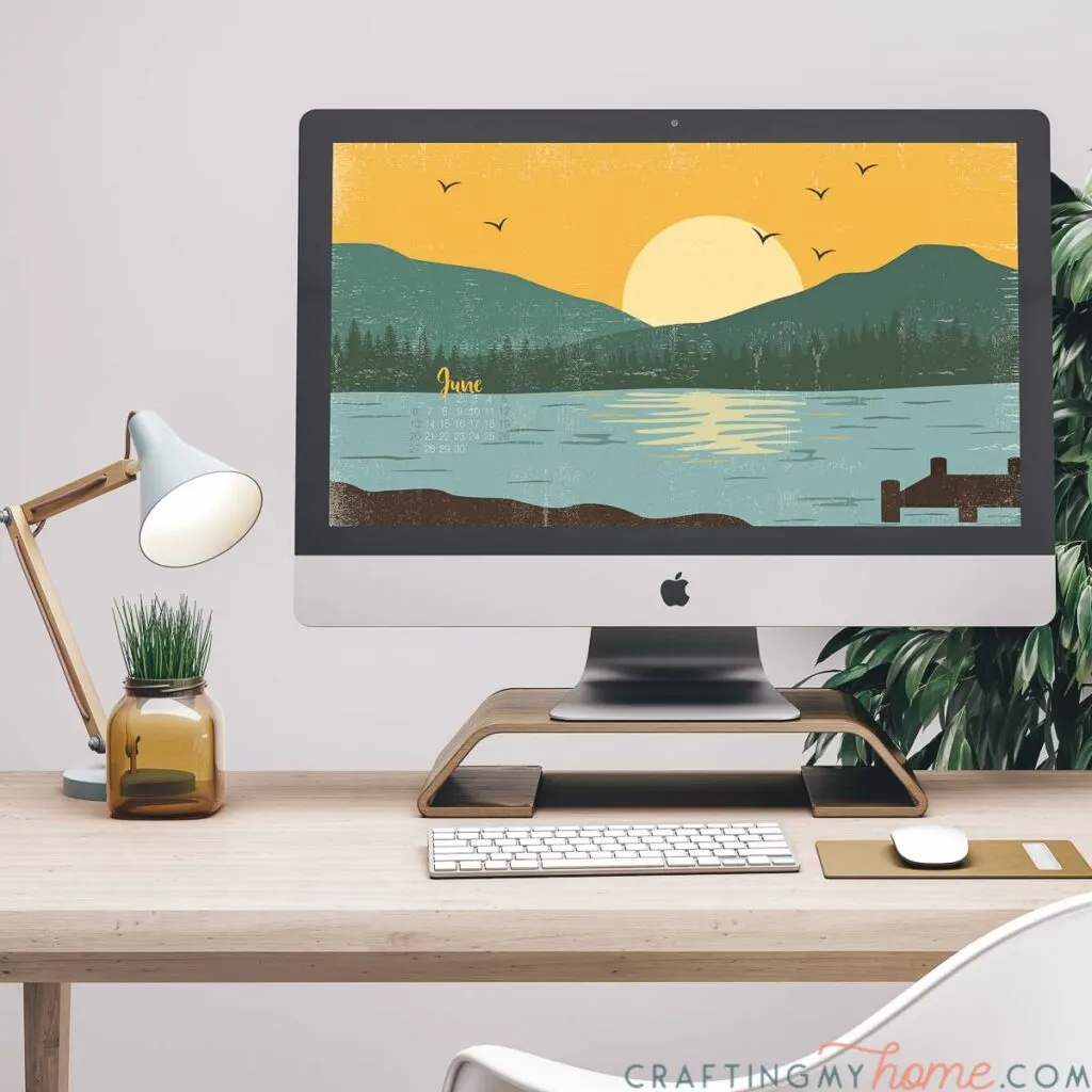 iMac computer on a monitor stand with the lake art digital background on the screen. 