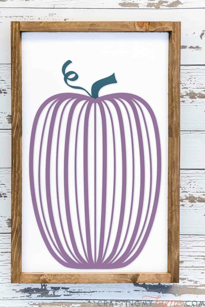 Tall skinny pumpkin SVG with lines and curly stem on a farmhouse fall sign. 