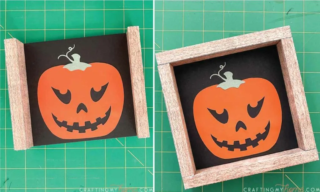 Glueing the frame pieces to the sides of the foam board backing with the jack-o-lantern design on it. 