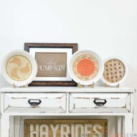 Three DIY decorative pie plates for Thanksgiving decor on a table with fall art.