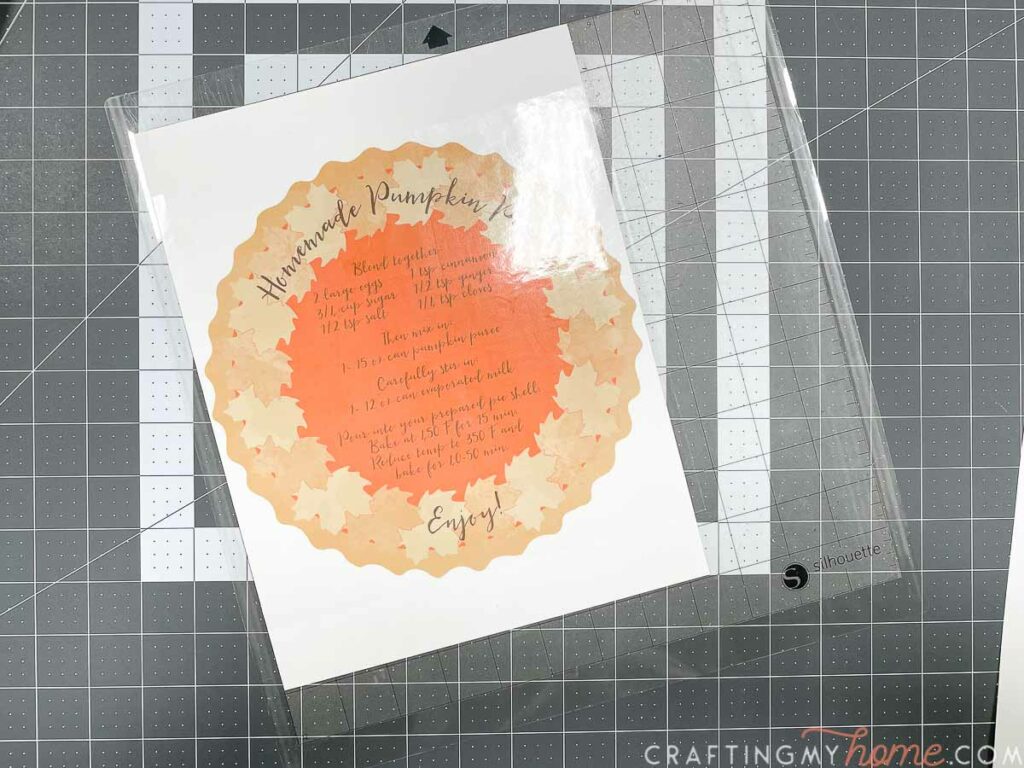 The pumpkin pie printed vinyl design covered with the protective vinyl. 