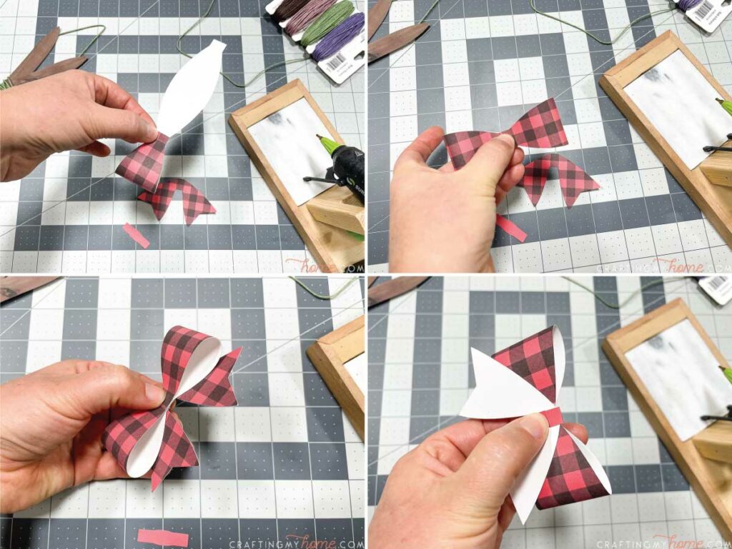 Four pictures showing how to assemble the paper buffalo check bow for the ornament. 