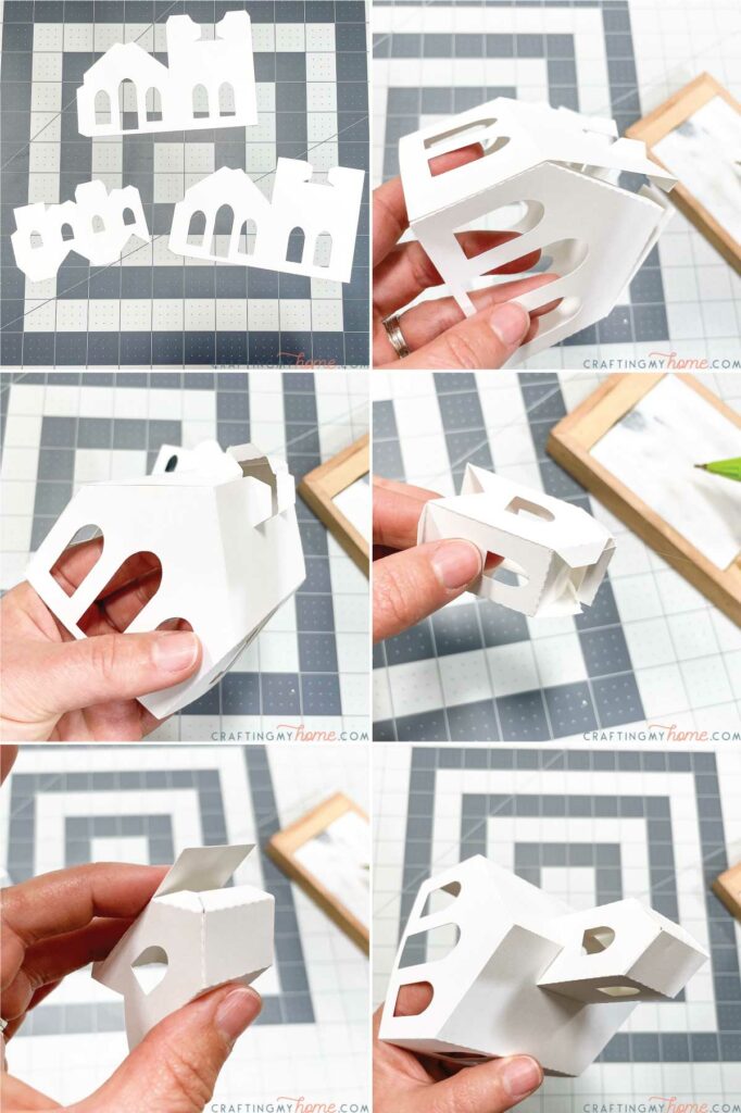 Pictures showing how to assemble the small paper christmas village church with a steeple.