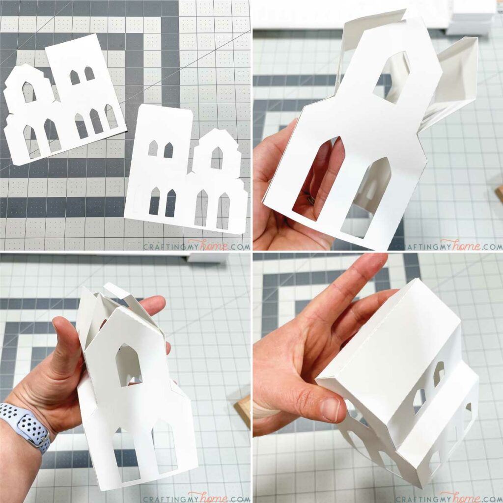 Picture collage showing how to assemble the church shaped paper Christmas house. 