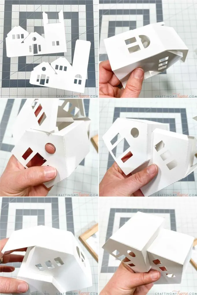 Collage of pictures showing how to assemble a house as part of the paper Christmas village.