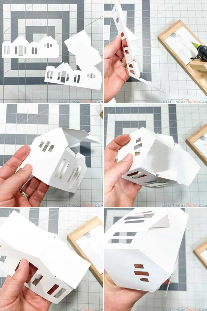 Collage of pictures showing how to assemble one of the paper Christmas houses. 