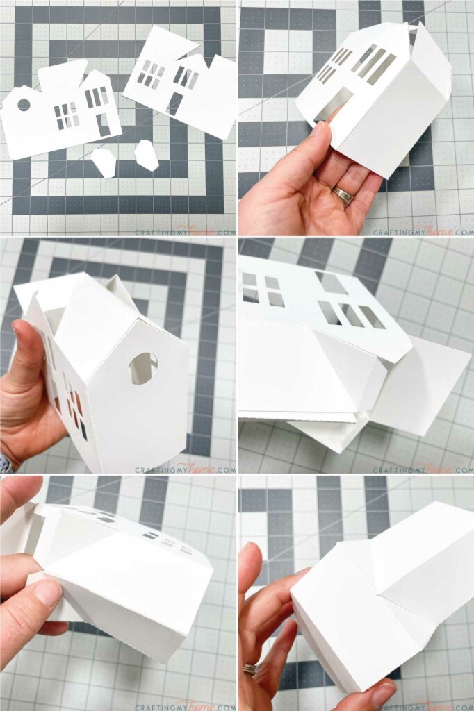 Collage showing how to assemble the 2 story house for the DIY paper Christmas village. 