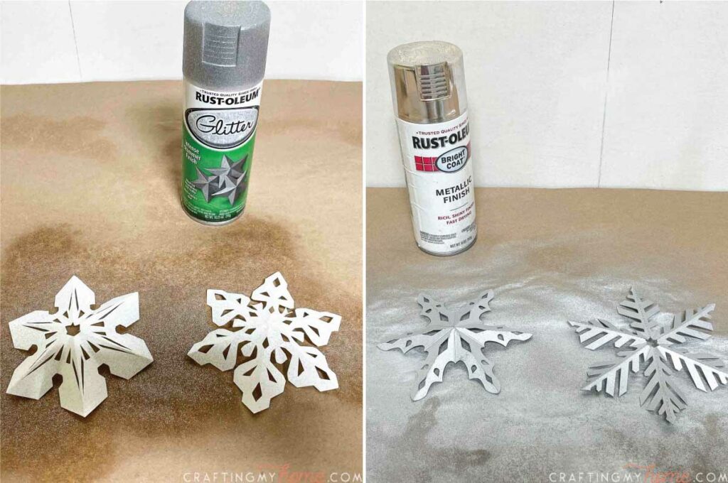 Spray painting the snowflake ornaments with glitter or metallic spray paint.