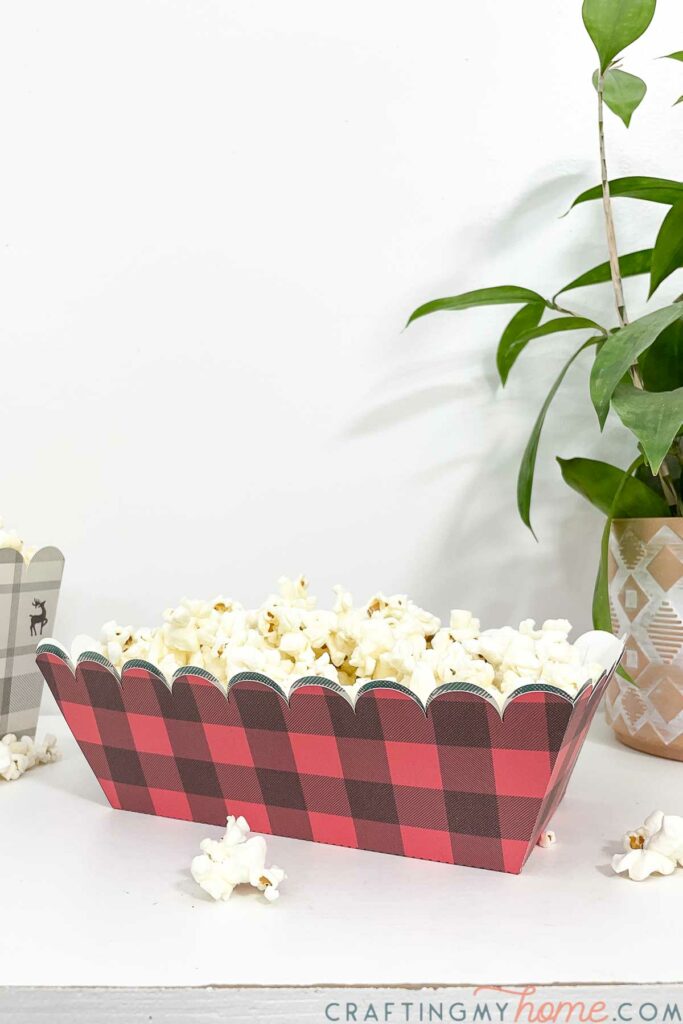 Two disposable food trays with plaid prints on the outside stacked together with popcorn in the top one. 
