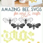 Three pictures of crafts created with the bee svg files and pictures of all 7 svg files.