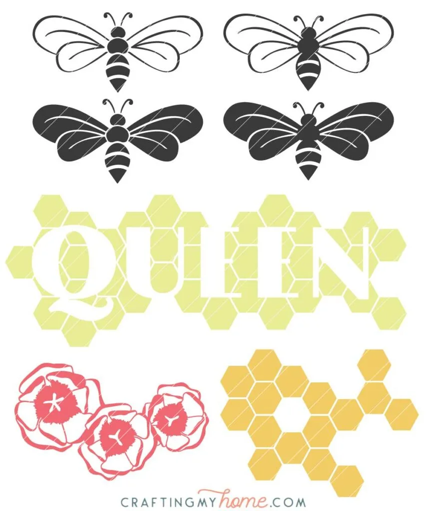 Four bee SVG files with a honeycomb, queen bee SVG, and flower SVG to match.
