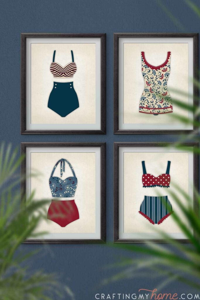 Four vintage swimsuit art prints in red, white and blue displayed in black frames. 