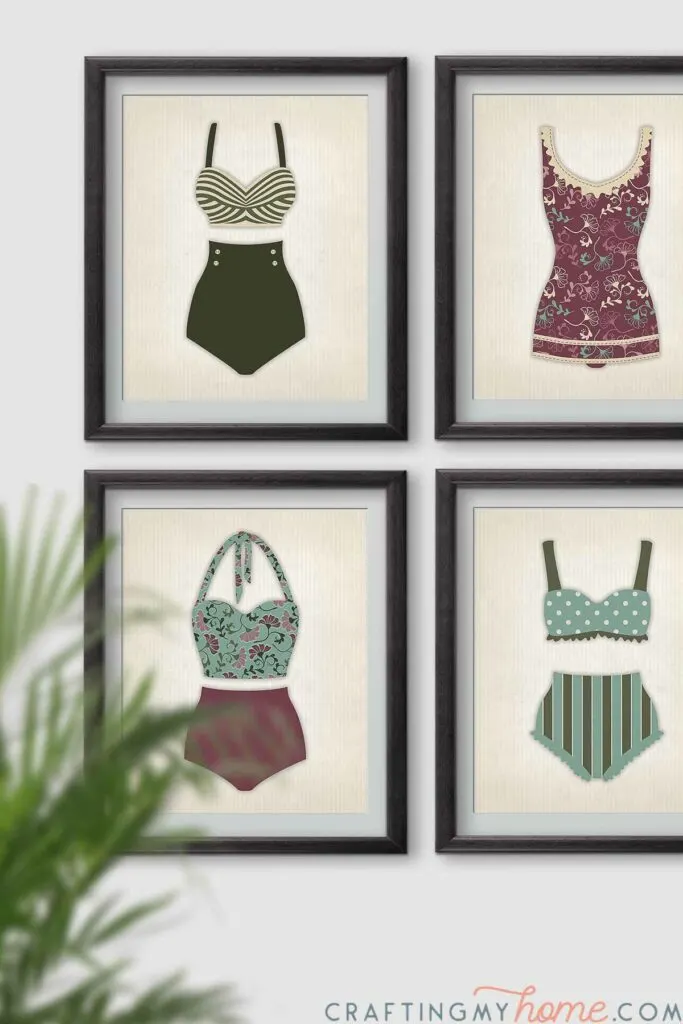 Four vintage bathing suit art prints in pink, blue and green patterns in frames on a wall. 