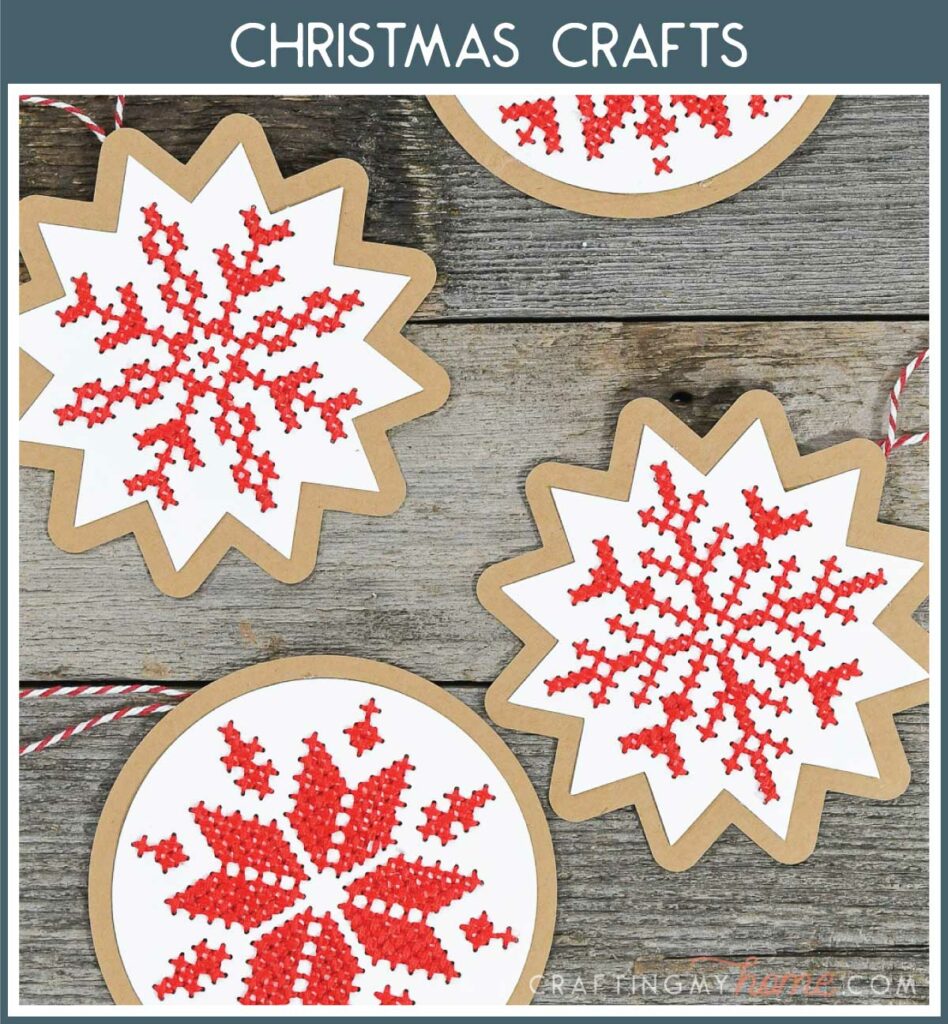 Cross stitch Christmas ornaments with header "Christmas Crafts" in navy. 
