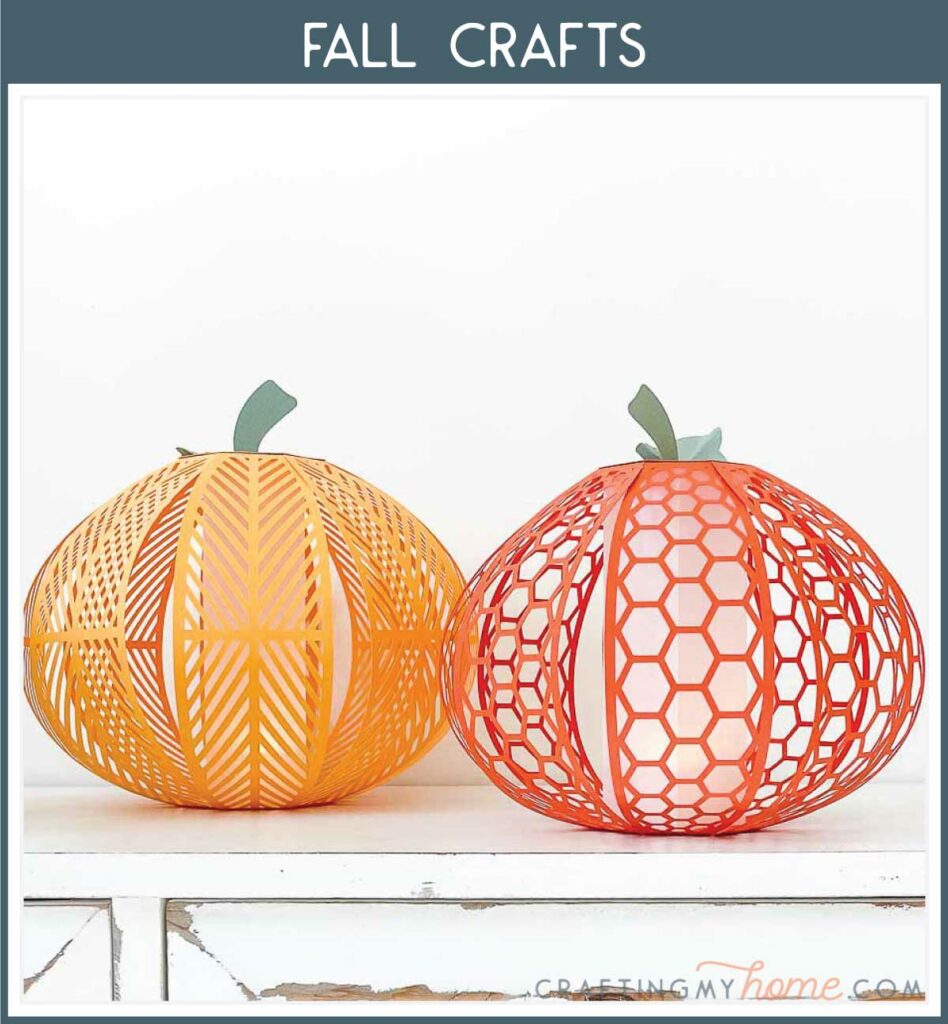 3D pumpkin lanterns with header "Fall Crafts" in navy. 