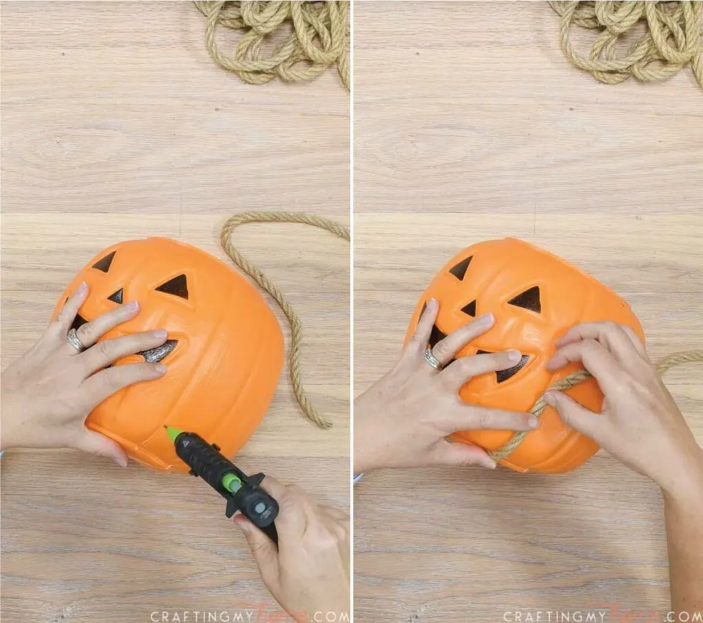 Glueing jute rope onto the pumpkin bucket. 
