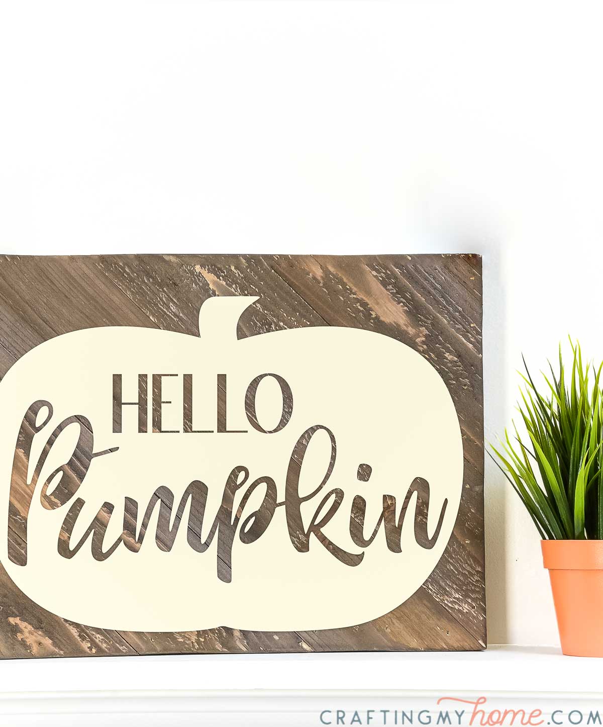 Wood sign with cream Hello Pumpkin design on it next to a potted plant. 