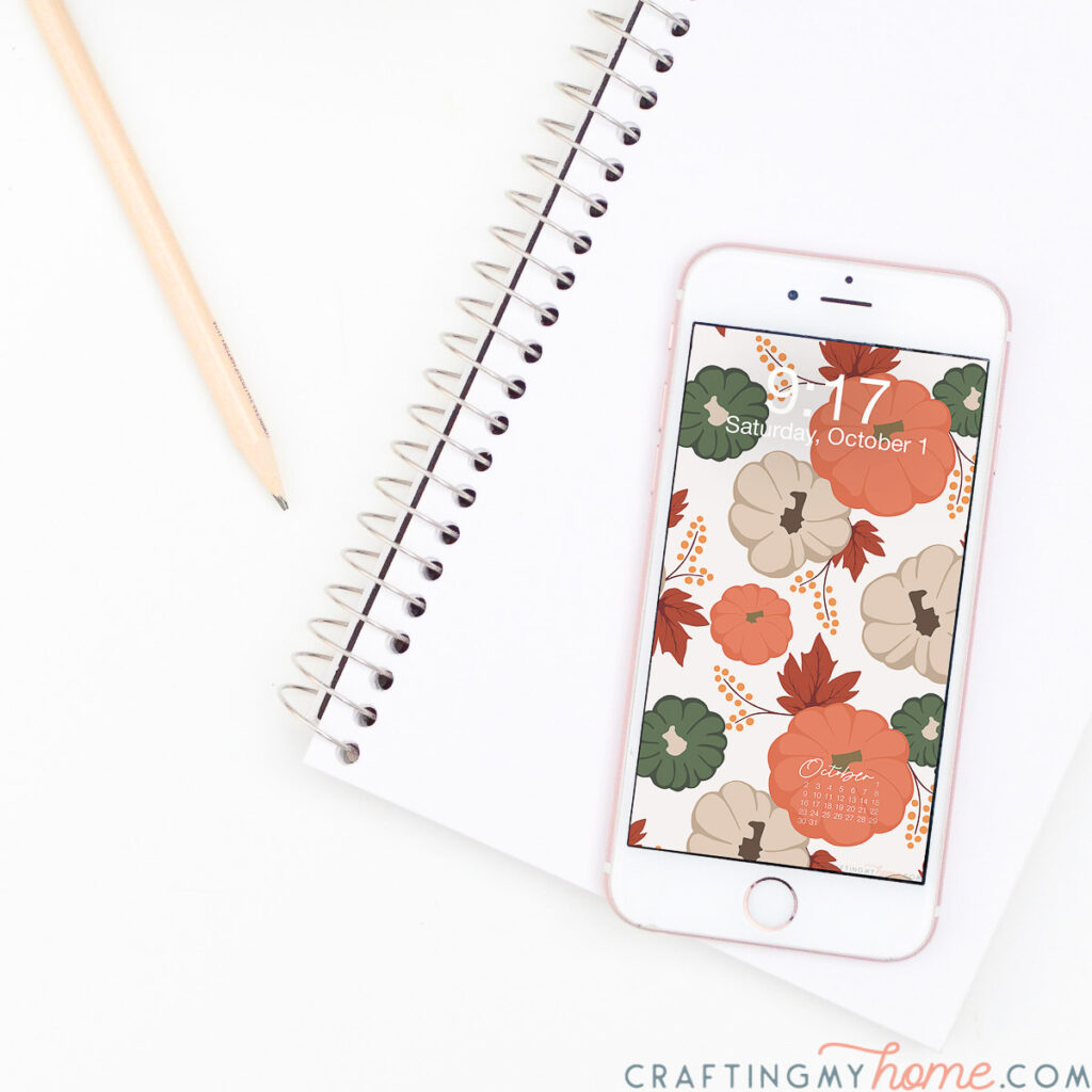 White iPhone with fall pumpkin pattern wallpaper on the home screen sitting on a notebook. 